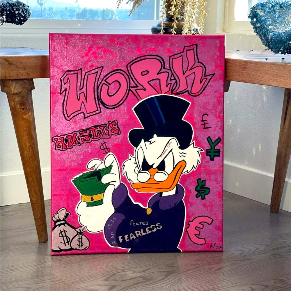 Uncle Scrooge McDuck, HAND PAINTED, ONE OF A KIND ORIGINAL, Titled “WORK HUSTLE”